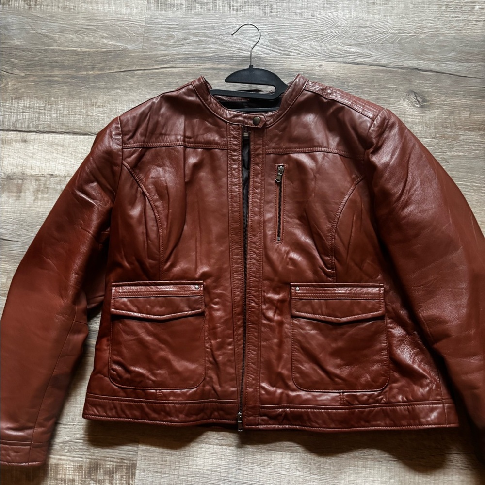 Mocha brown Nuvano oversized soft leather jacket.